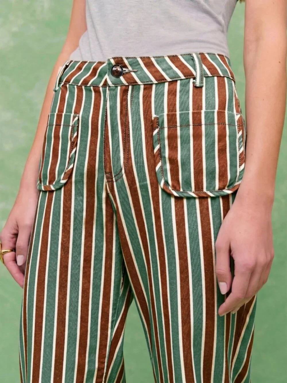 Green & Brown Striped Flare Denim Jeans with Front Pockets